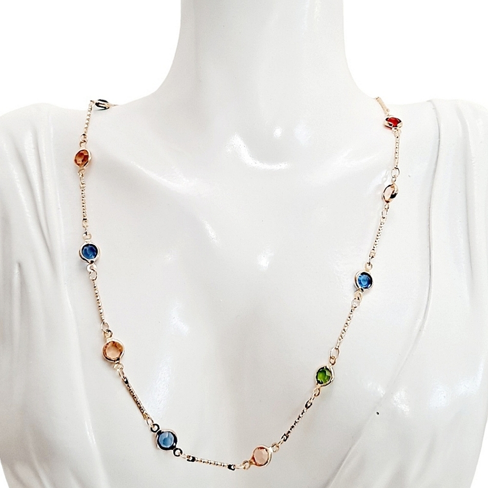 Gold Chain thin Dainty necklace Multicolor stone Station Necklace Fairy 💖